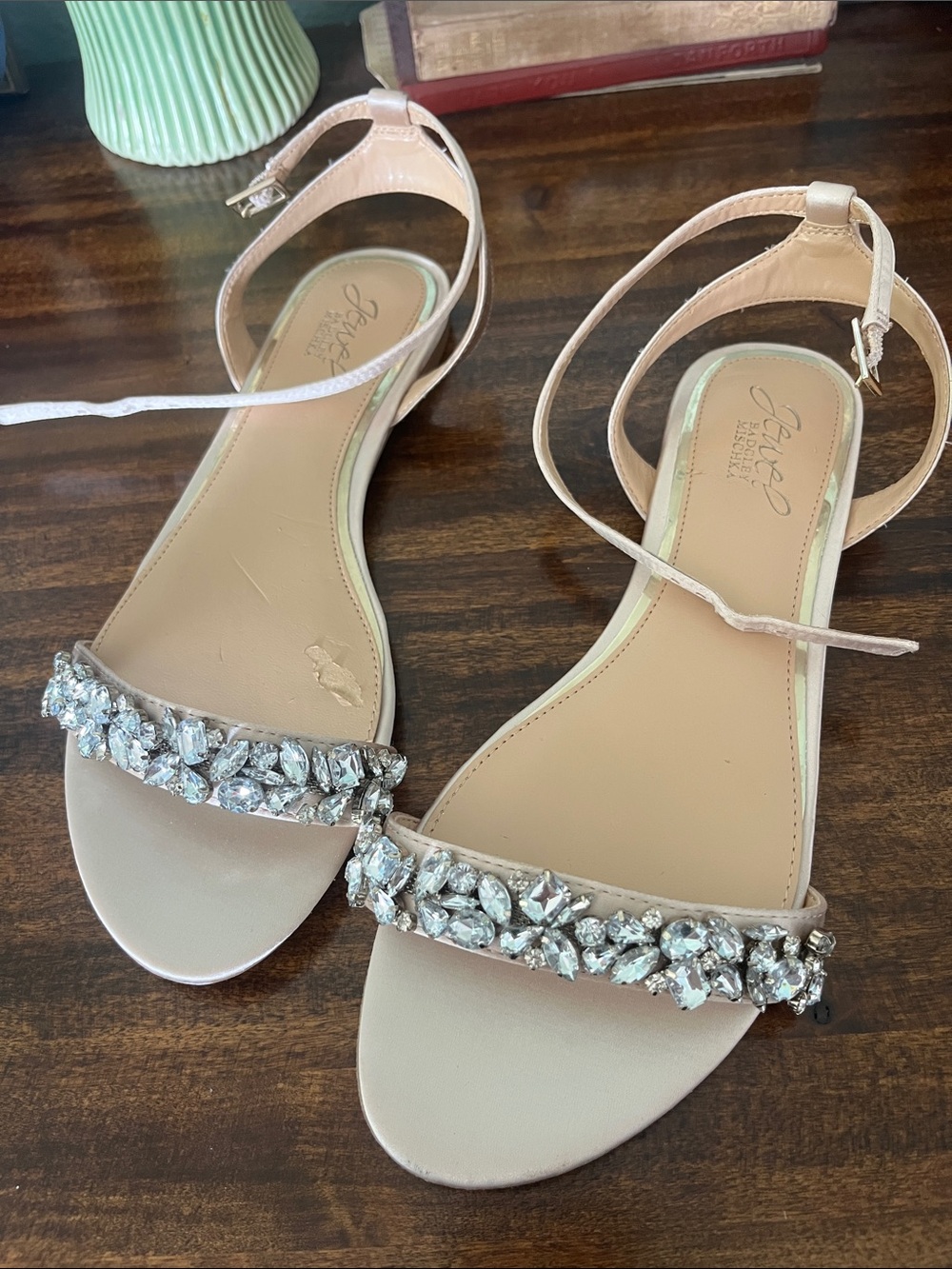 Jewel Badgley Mischka Blush Crystal-Strap Ankle Wrap Sandals